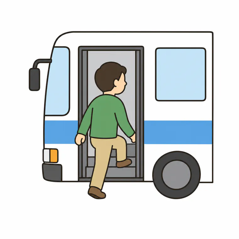 Simple educational illustration of a person getting on a bus